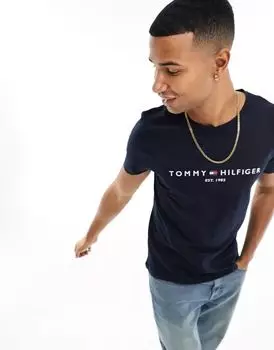 Темно-синяя футболка Tommy Hilfiger с вышитым логотипом в виде флага