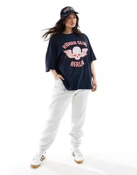 Темно-синяя футболка-тяжеловес с принтом Rider Club Rock ASOS DESIGN Curve