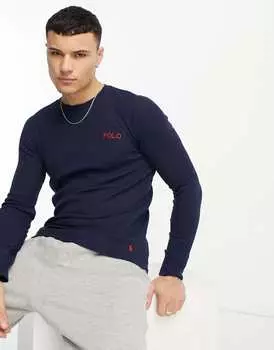 Темно-синяя футболка вафельного цвета с длинными рукавами и логотипом Polo Ralph Lauren.