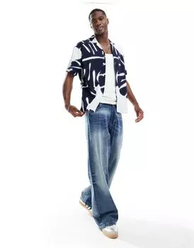 Темно-синяя хлопковая рубашка с отложным воротником и абстрактным принтом Jack & Jones Premium