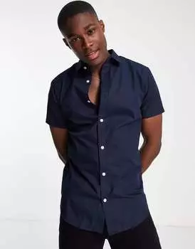 Темно-синяя хлопковая рубашка стрейч с короткими рукавами Jack & Jones Originals