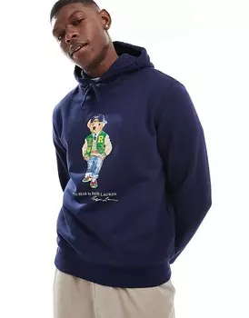 Темно-синяя худи Polo Ralph Lauren с принтом университетского футбольного медведя