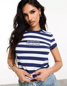 Темно-синяя и белая полоска с логотипом ASOS Weekend Collective