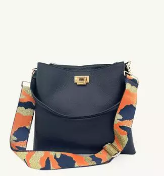 Темно-синяя кожаная большая сумка с оранжевым камуфляжным ремешком Apatchy London, синий