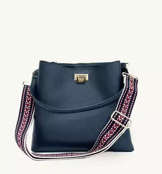 Темно-синяя кожаная большая сумка с темно-синим ремешком в стиле бохо Apatchy London, синий