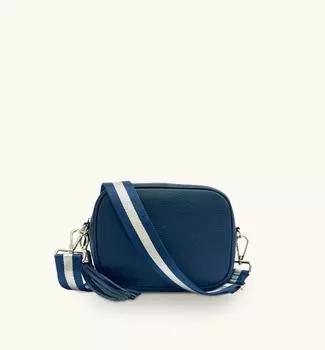 Темно-синяя кожаная сумка через плечо с темно-синим ремешком с золотой полоской Apatchy London, синий