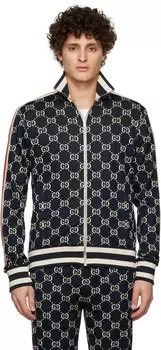 Темно-синяя куртка из хлопкового жаккарда с узором GG Gucci