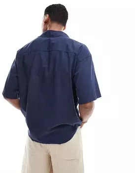 Темно-синяя льняная рубашка оверсайз с карманами Jack & Jones