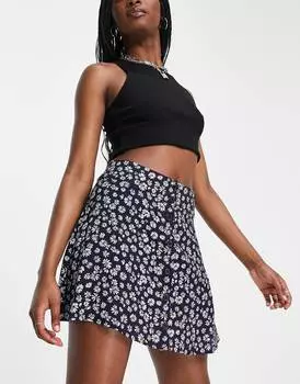 Темно-синяя мини-юбка с крупными ромашками и пуговицами Topshop