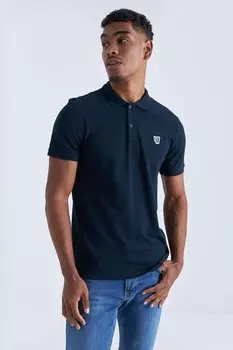 Темно-синяя мужская футболка с базовым логотипом на груди и стандартным узором, трикотаж с воротником поло TOMMYLIFE