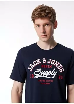 Темно-синяя мужская футболка с круглым воротником 12246690_JJELOGO TEE SS O-NECK 2 CO Jack & Jones, темно-синий