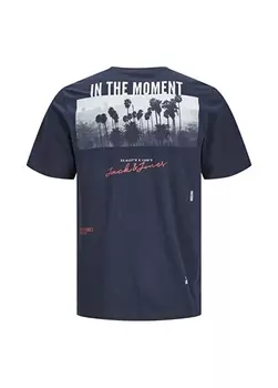 Темно-синяя мужская футболка с круглым вырезом с принтом Jack & Jones