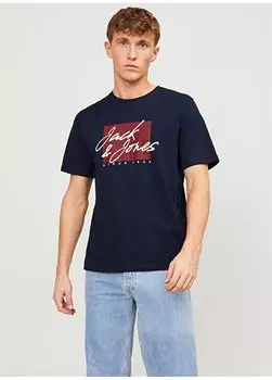 Темно-синяя мужская футболка с круглым вырезом JJZURI TEE SS CREW NECK LN Jack & Jones, темно-синий