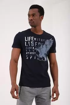 Темно-синяя мужская футболка стандартного кроя с принтом орла и круглым вырезом TOMMYLIFE