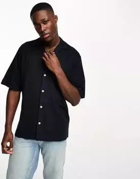 Темно-синяя объемная рубашка из тяжелого джерси Jack & Jones Premium с глубоким воротником