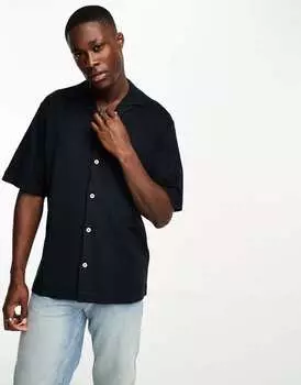 Темно-синяя объемная рубашка из тяжелого джерси Jack & Jones Premium с глубоким воротником