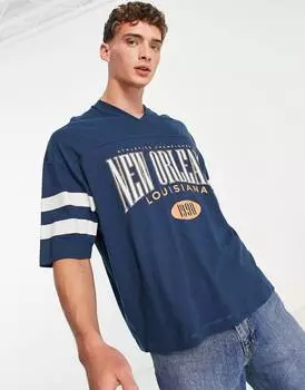 Темно-синяя оверсайз-футболка ASOS DESIGN с контрастными вставками на рукавах и городским принтом ASOS DESIGN
