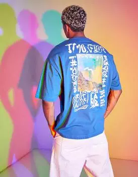 Темно-синяя оверсайз-футболка с горным принтом и граффити на спине ASOS DESIGN