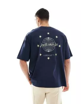Темно-синяя оверсайз-футболка с принтом со всего мира на спине ASOS DESIGN