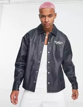 Темно-синяя оверсайз-жакет харрингтон из натуральной кожи с принтом ASOS DESIGN