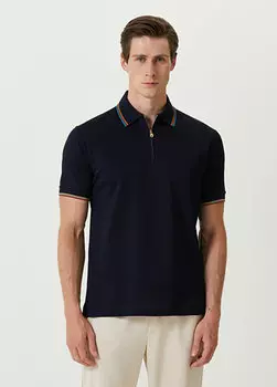 Темно-синяя полосатая футболка из шерсти мериноса с воротником-поло и короткими рукавами Paul Smith