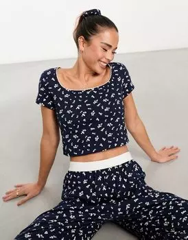 Темно-синяя приталенная пижамная футболка с принтом Mix & Match ASOS DESIGN, отделкой пико и резинкой для волос
