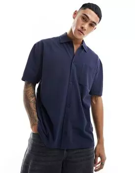 Темно-синяя рубашка из пике с короткими рукавами ASOS DESIGN