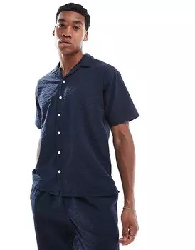 Темно-синяя рубашка из жатого хлопка с воротником-стойкой Jack & Jones — часть комплекта