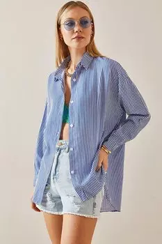 Темно-синяя рубашка оверсайз с воротником поло в полоску 4KXK2-47765-14 XHAN