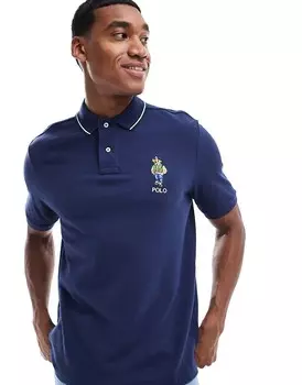 Темно-синяя рубашка-поло из пике Polo Ralph Lauren классического оверсайз с университетским дизайном и логотипом медведя