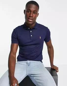 Темно-синяя рубашка-поло приталенного кроя с разноцветным логотипом Polo Ralph Lauren Pima