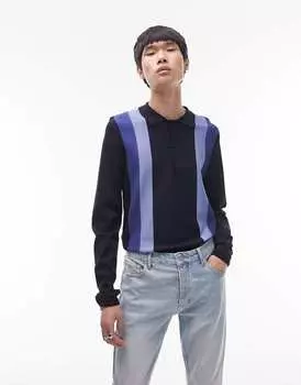 Темно-синяя рубашка-поло с длинными рукавами и полосками в рубчик Topman