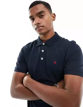 Темно-синяя рубашка-поло узкого кроя с логотипом и отделкой из пике Jack & Jones Essentials