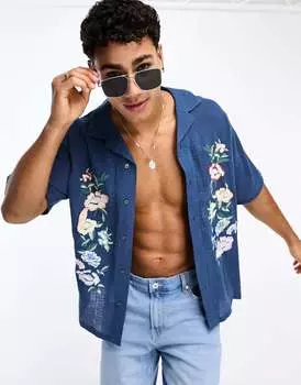 Темно-синяя рубашка с короткими рукавами и цветочной вышивкой Abercrombie & Fitch