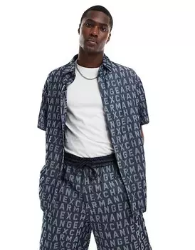 Темно-синяя рубашка с короткими рукавами и жаккардовым логотипом Armani Exchange CO-ORD
