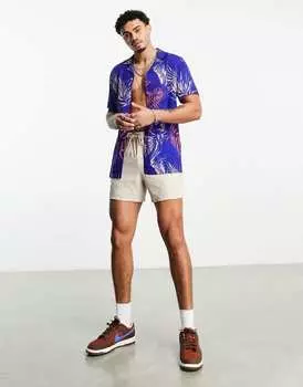 Темно-синяя рубашка с принтом в виде листьев ASOS DESIGN revere