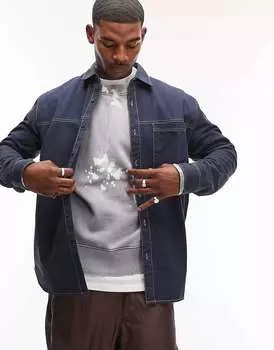 Темно-синяя рубашка свободного кроя с длинными рукавами и контрастной строчкой Topman