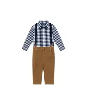 Темно-синяя рубашка в мелкую клетку для мальчиков Andy & Evan, комплект с подтяжками и брюками — для малышей, синий
