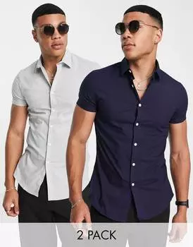 Темно-синяя/серая рубашка с коротким рукавом стрейч ASOS DESIGN