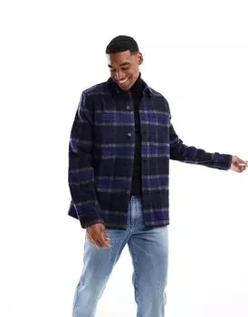 Темно-синяя шерстяная куртка в клетку ASOS DESIGN