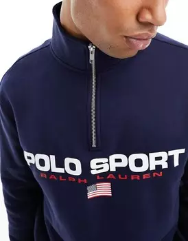 Темно-синяя толстовка Polo Ralph Lauren Sport в стиле ретро с логотипом и флагом на молнии