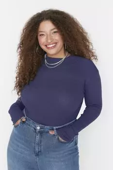 Темно-синяя трикотажная блузка в рубчик с приталенным высоким воротником Trendyol, темно-синий