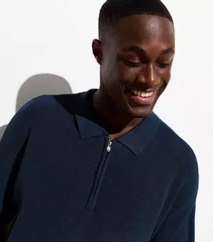 Темно-синяя трикотажная рубашка-поло свободного кроя с короткими рукавами и воротником-молнией New Look, военно-морской