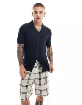 Темно-синяя трикотажная рубашка с короткими рукавами и воротником с лацканами Threadbare