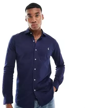 Темно-синяя трикотажная рубашка с воротником-стойкой и логотипом Polo Ralph Lauren