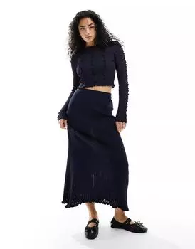 Темно-синяя трикотажная юбка макси с рюшами и швами ASOS