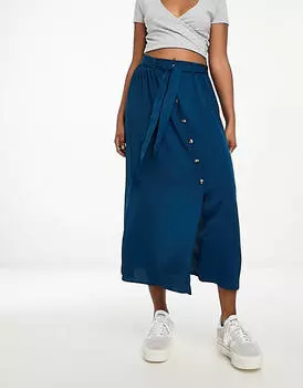 Темно-синяя юбка миди на пуговицах с завязкой на талии ASOS DESIGN