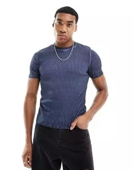 Темно-синяя укороченная футболка в рубчик с пропиткой маслом ASOS DESIGN