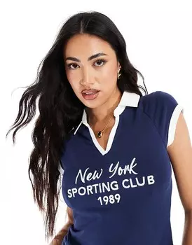 Темно-синяя укороченная рубашка-поло с надписью «New York» ASOS DESIGN
