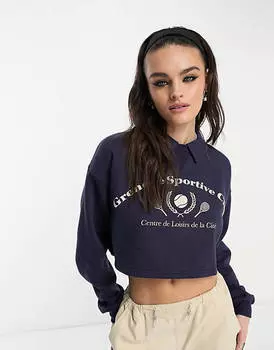 Темно-синяя укороченная теннисная толстовка с воротником Bershka